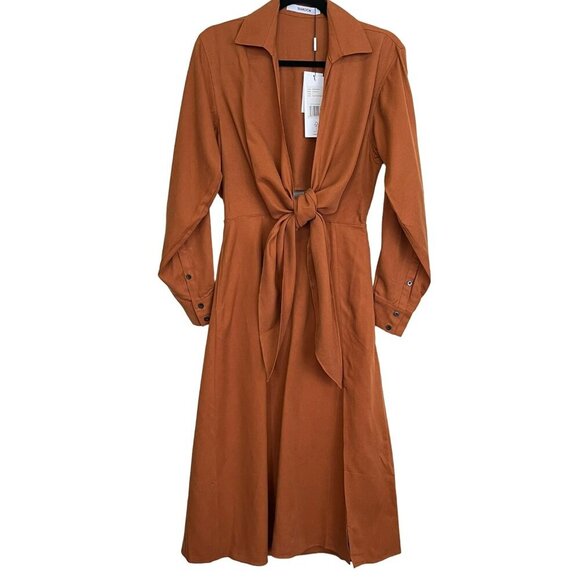 Thakoon Tie Front Open Back Long Sleeve Midi Dress Brown NWT Sz 2 - Picture 2 of 7